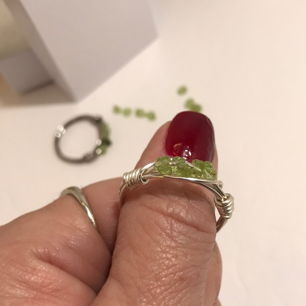 Peridot ring wire wrapped handmade crystal ring